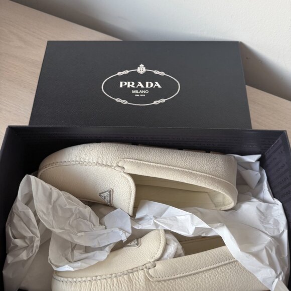 NWT Prada Men's Slip-on Loafers White Leather Logo Plaque Sz 7 - Picture 4 of 11